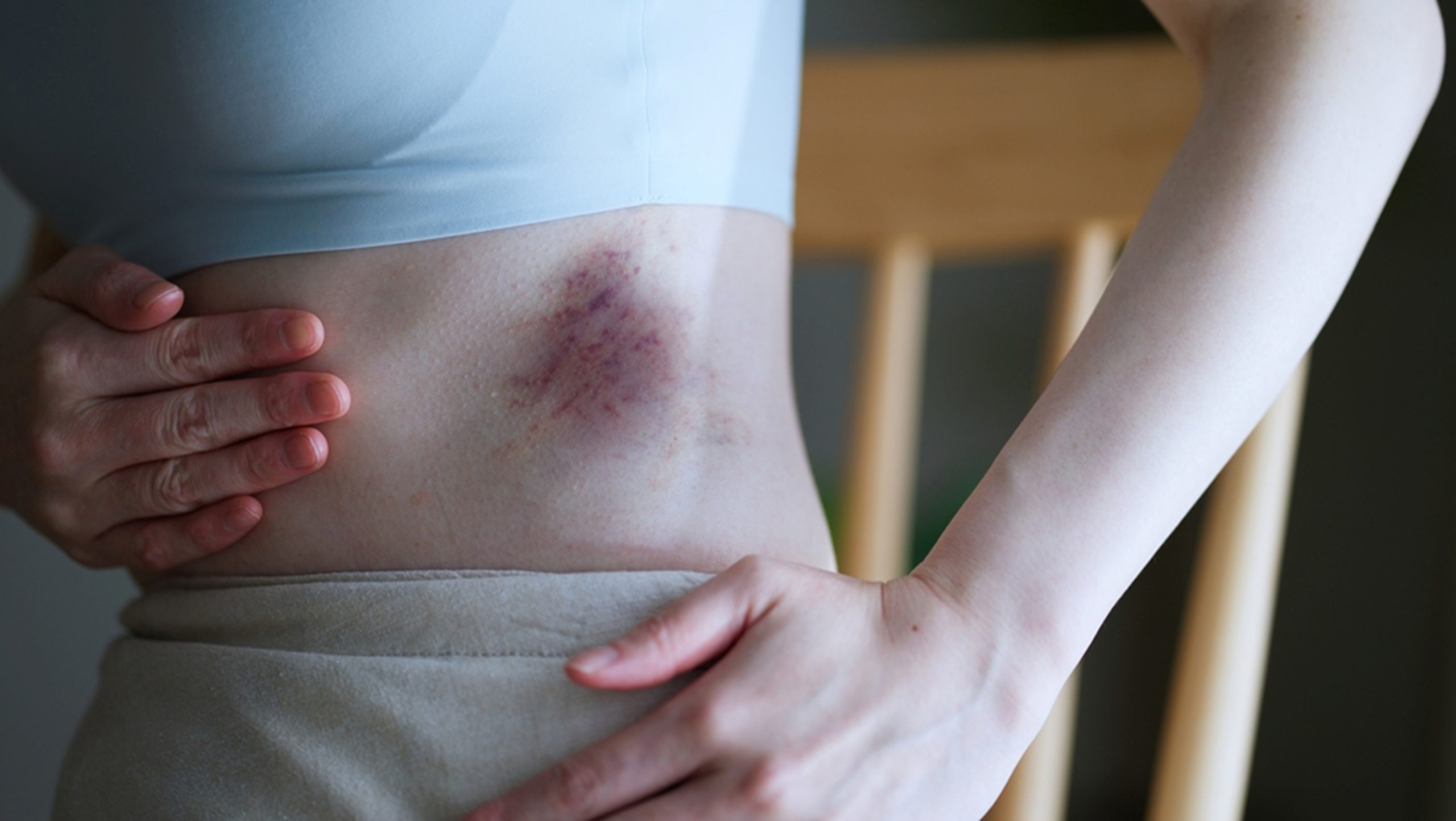 A close-up image of a woman placing her hands on her bare abdomen around a large bruised area.