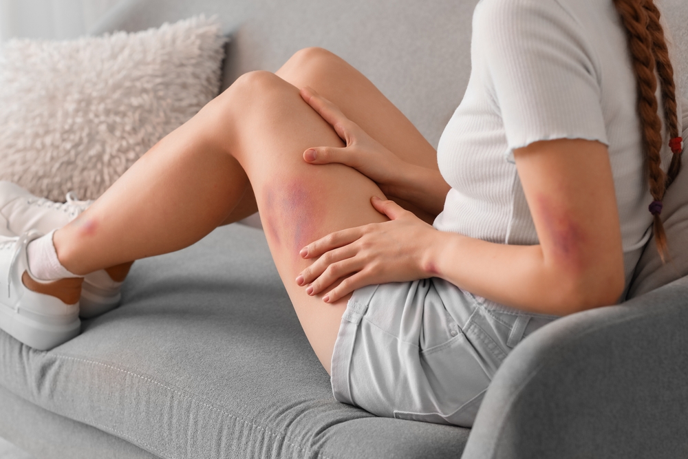 Young woman sitting on couch examining a bruise on her shin while holding her leg